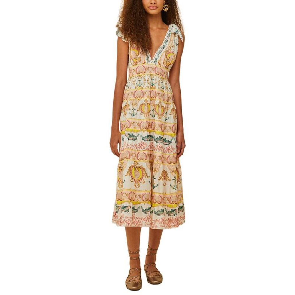 FARM Rio Cream Midi Dress with Pink Yellow & Green Floral Stripe Print